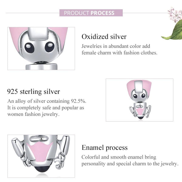 Pink Girl Enamel Robot Sterling Silver Bead Charm Bracelet Necklace