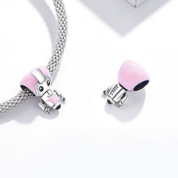 Pink Girl Enamel Robot Sterling Silver Bead Charm Bracelet Necklace