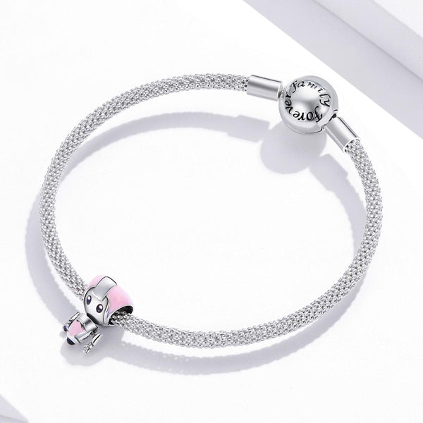 Pink Girl Enamel Robot Sterling Silver Bead Charm Bracelet Necklace