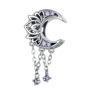 Moon Lotus Stars Sterling Silver CZ Bead Charm Bracelet Necklace Pendant