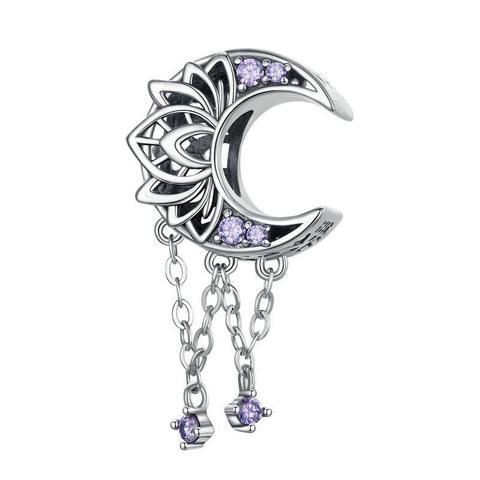 Moon Lotus Stars Sterling Silver CZ Bead Charm Bracelet Necklace Pendant