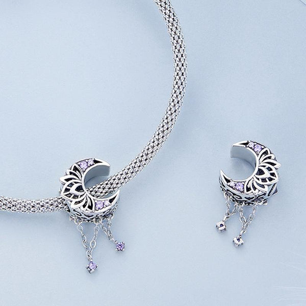 Moon Lotus Stars Sterling Silver CZ Bead Charm Bracelet Necklace Pendant