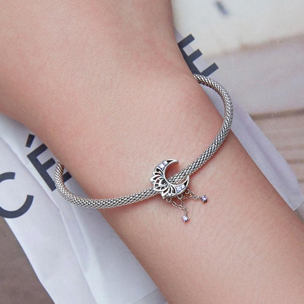 Moon Lotus Stars Sterling Silver CZ Bead Charm Bracelet Necklace Pendant