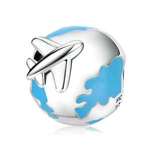 World Travel Aeroplane Enamel Sterling Silver Bead Charm Bracelet Necklace