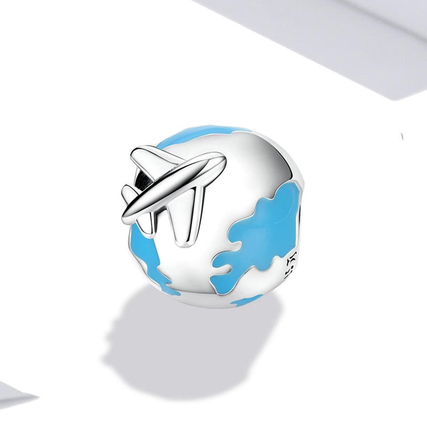 World Travel Aeroplane Enamel Sterling Silver Bead Charm Bracelet Necklace