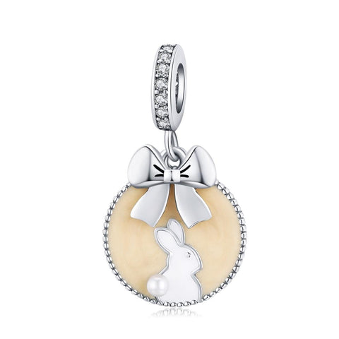 Bunny Rabbit Enamel Shell Sterling Silver Zircon CZ Bead Charm Bracelet Necklace