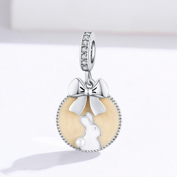 Bunny Rabbit Enamel Shell Sterling Silver Zircon CZ Bead Charm Bracelet Necklace