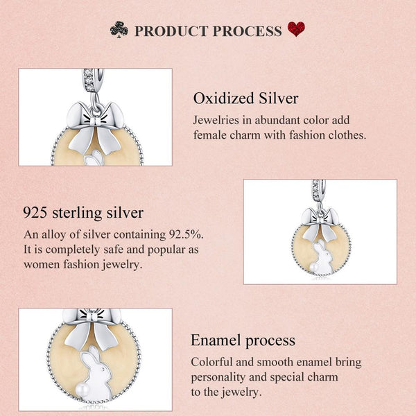 Bunny Rabbit Enamel Shell Sterling Silver Zircon CZ Bead Charm Bracelet Necklace