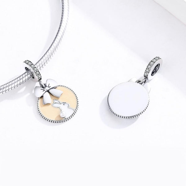 Bunny Rabbit Enamel Shell Sterling Silver Zircon CZ Bead Charm Bracelet Necklace