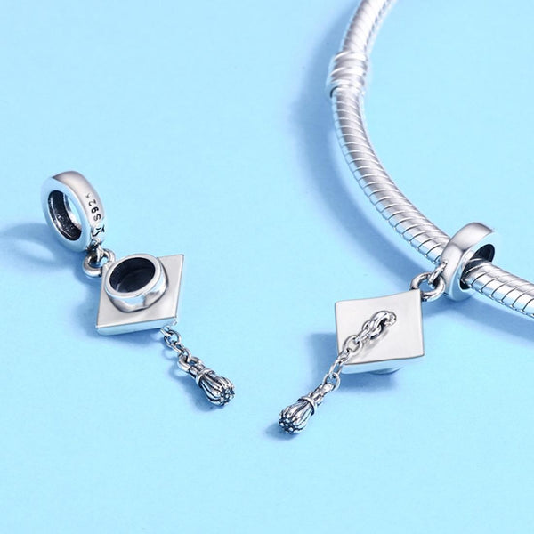 Mortar Board University Graduation Sterling Silver Bead Charm Bracelet Necklace
