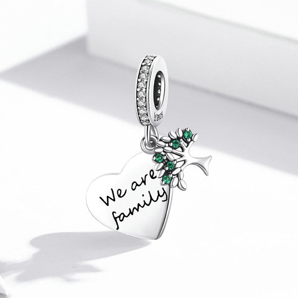 We Are Family Heart Tree Sterling Silver Zircon CZ Bead Charm Bracelet Necklace