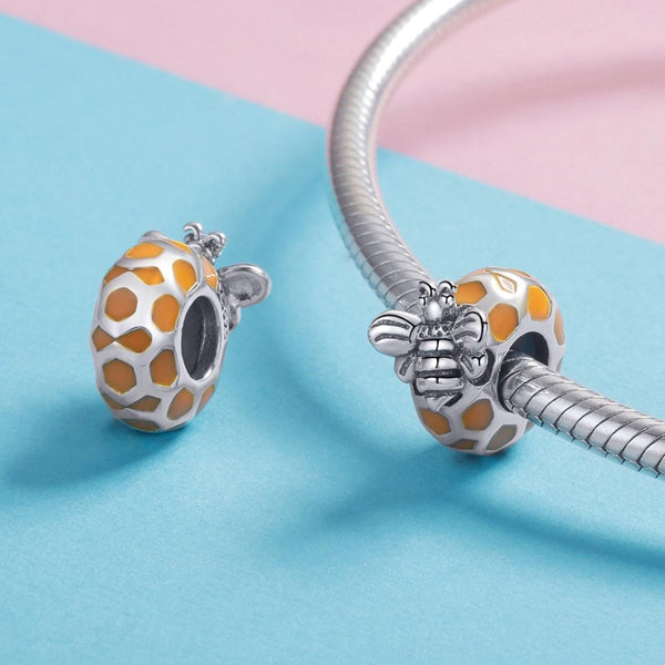 Bee Honeycomb Enamel Sterling Silver Bead Charm Pendant Bracelet Necklace