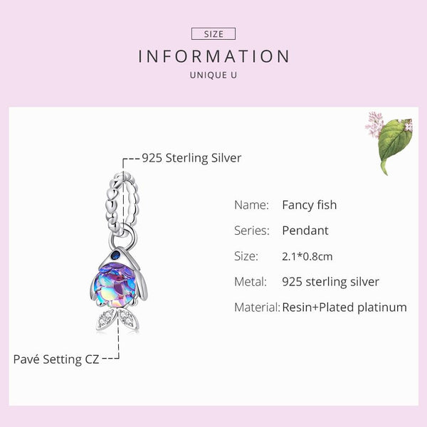 Fish Platinum Plated Sterling Silver Zircon CZ Resin Bead Charm Bracelet Necklace