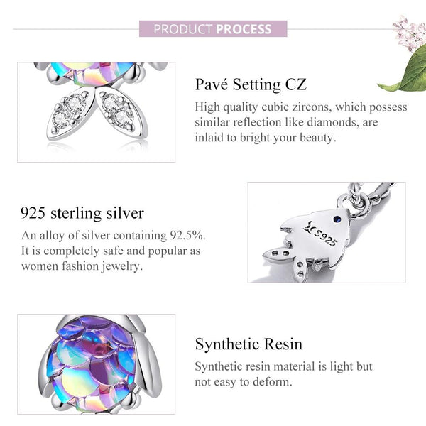 Fish Platinum Plated Sterling Silver Zircon CZ Resin Bead Charm Bracelet Necklace