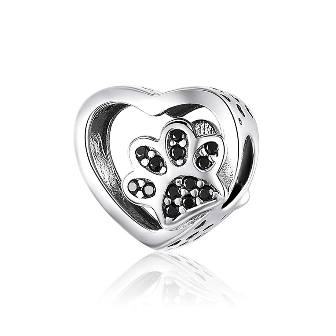 Pet Cat Dog Paw Print Sterling Silver Zircon CZ Bead Charm Bracelet Necklace