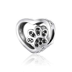 Pet Cat Dog Paw Print Sterling Silver Zircon CZ Bead Charm Bracelet Necklace