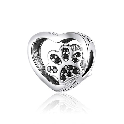 Pet Cat Dog Paw Print Sterling Silver Zircon CZ Bead Charm Bracelet Necklace