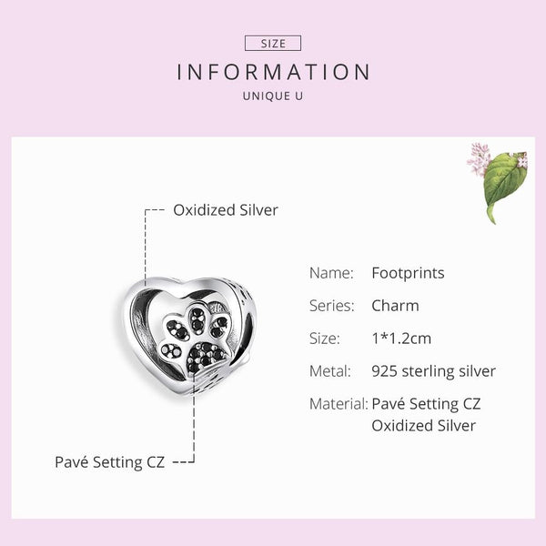 Pet Cat Dog Paw Print Sterling Silver Zircon CZ Bead Charm Bracelet Necklace