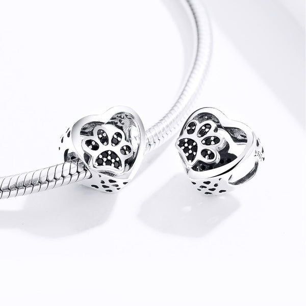 Pet Cat Dog Paw Print Sterling Silver Zircon CZ Bead Charm Bracelet Necklace