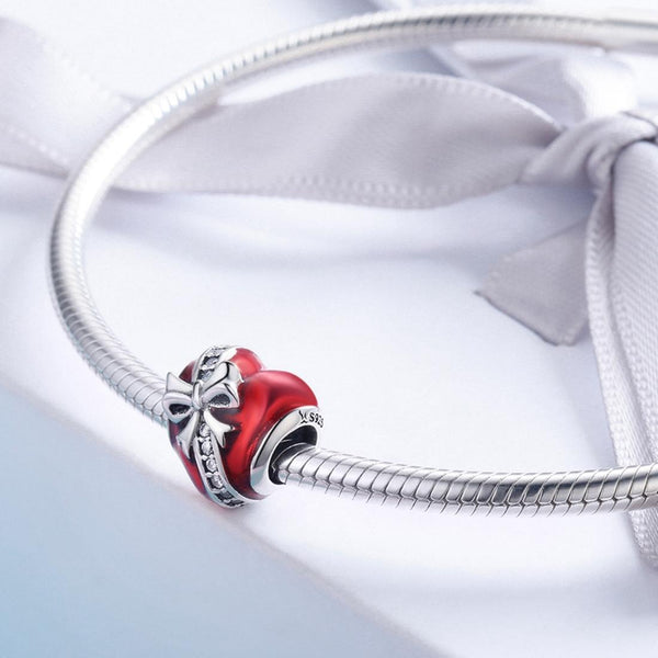 Love Heart Bow Enamel Sterling Silver Bead Charm Pendant Bracelet Necklace