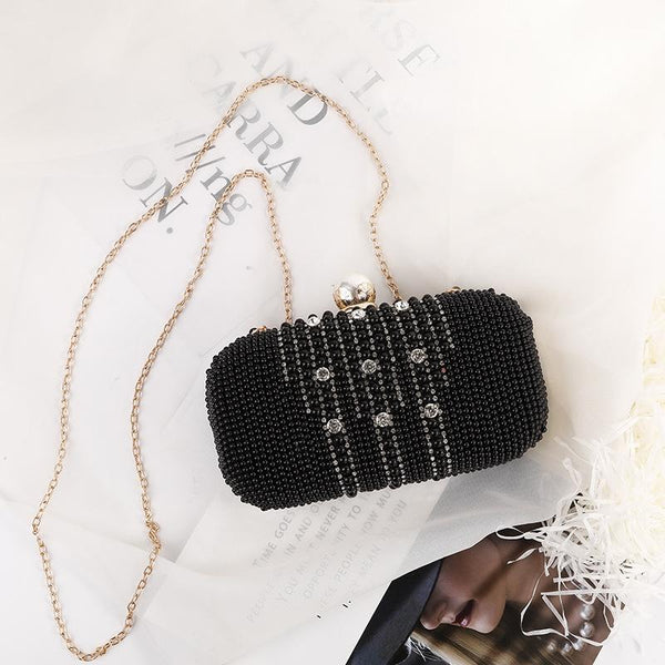 Acrylic Rhinestone Crystal Beaded Evening Clutch Shoulder Bag Chain Strap Black