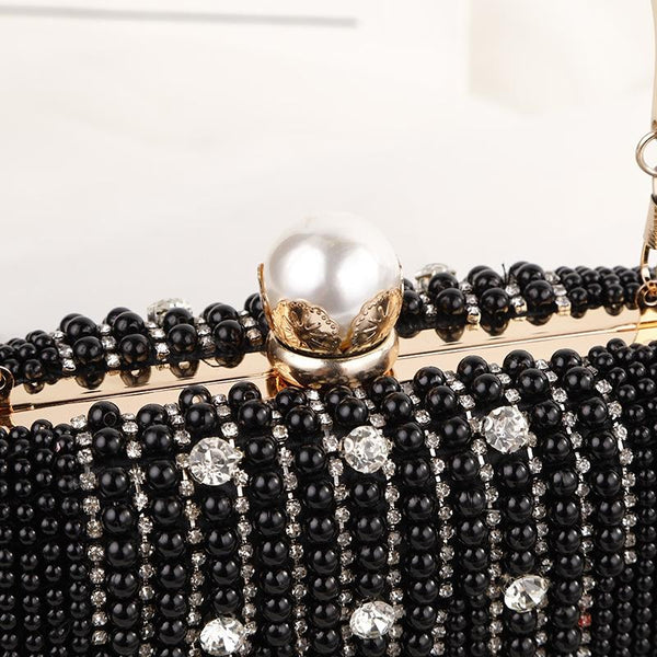 Acrylic Rhinestone Crystal Beaded Evening Clutch Shoulder Bag Chain Strap Black