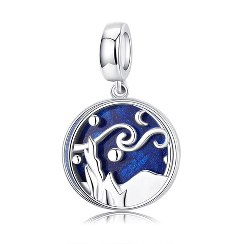 Blue Starry Sky Enamel Sterling Silver Bead Charm Bracelet Necklace