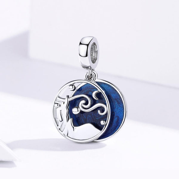 Blue Starry Sky Enamel Sterling Silver Bead Charm Bracelet Necklace