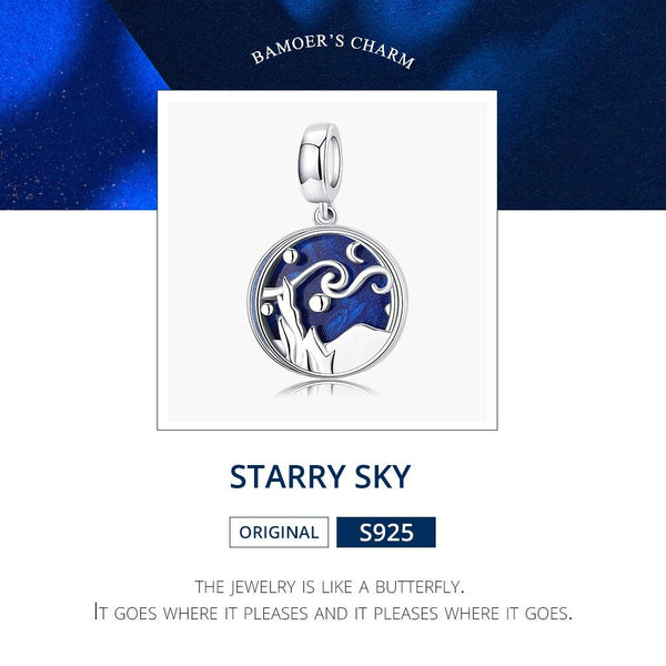 Blue Starry Sky Enamel Sterling Silver Bead Charm Bracelet Necklace