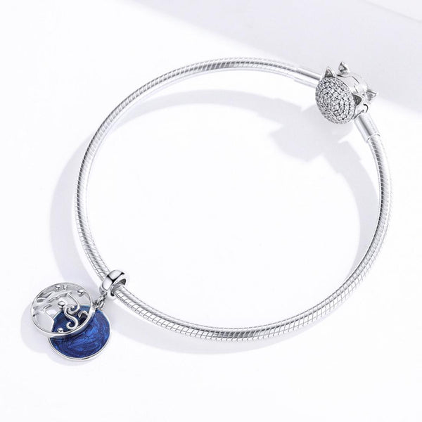 Blue Starry Sky Enamel Sterling Silver Bead Charm Bracelet Necklace