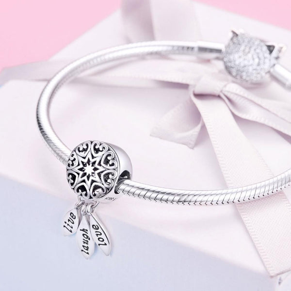 Live Laugh Love Sterling Silver Zircon CZ Bead Charm Pendant Bracelet Necklace