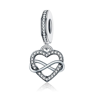 Endless Love Heart Inifinity Sterling Silver CZ Bead Charm Pendant Bracelet Necklace