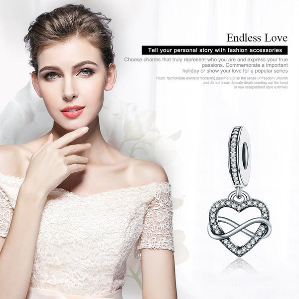 Endless Love Heart Inifinity Sterling Silver CZ Bead Charm Pendant Bracelet Necklace