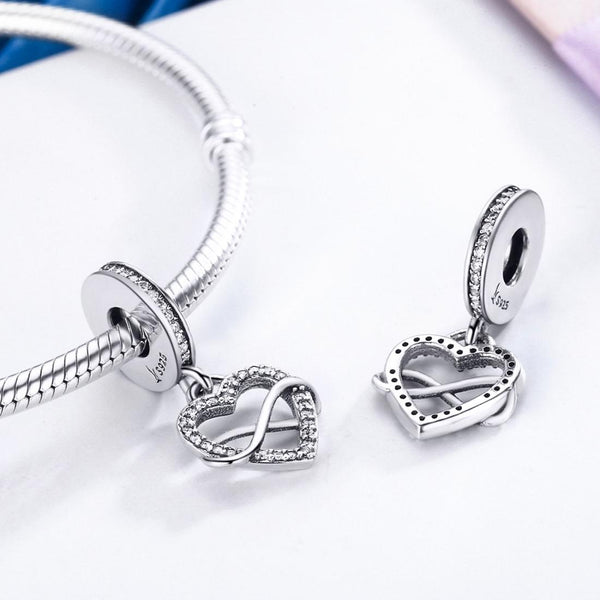 Endless Love Heart Inifinity Sterling Silver CZ Bead Charm Pendant Bracelet Necklace