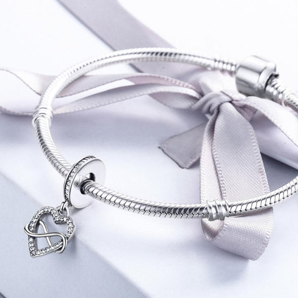 Endless Love Heart Inifinity Sterling Silver CZ Bead Charm Pendant Bracelet Necklace