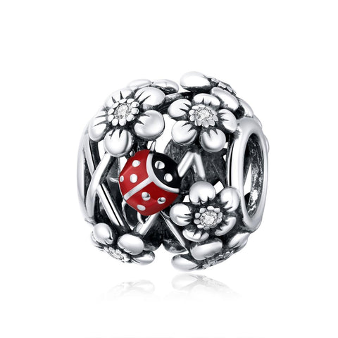 Ladybug Ladybird Flowers Sterling Silver CZ Spacer Bead Charm Bracelet Necklace