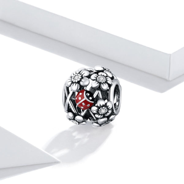 Ladybug Ladybird Flowers Sterling Silver CZ Spacer Bead Charm Bracelet Necklace