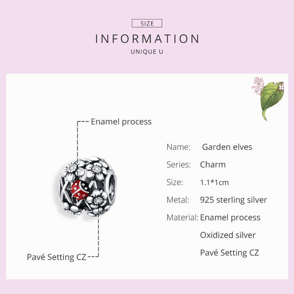 Ladybug Ladybird Flowers Sterling Silver CZ Spacer Bead Charm Bracelet Necklace