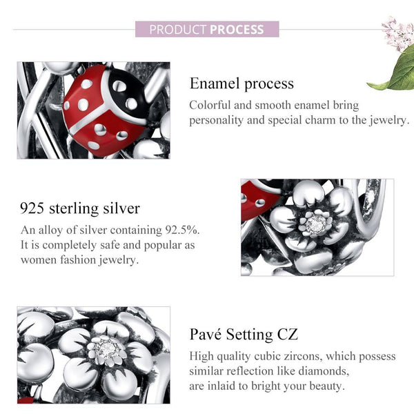 Ladybug Ladybird Flowers Sterling Silver CZ Spacer Bead Charm Bracelet Necklace