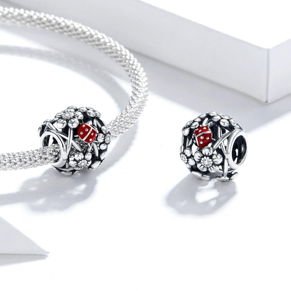 Ladybug Ladybird Flowers Sterling Silver CZ Spacer Bead Charm Bracelet Necklace