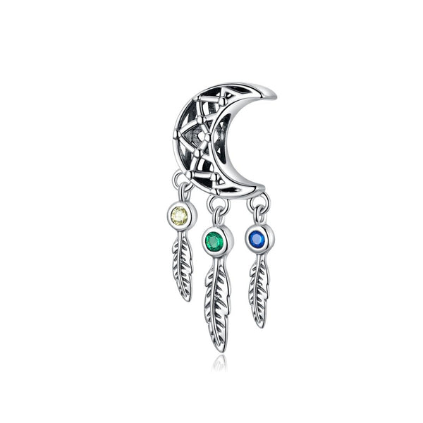 Moon Feather Dreamcatcher Sterling Silver Bead Charm Bracelet Necklace Pendant