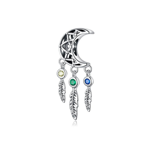 Moon Feather Dreamcatcher Sterling Silver Bead Charm Bracelet Necklace Pendant
