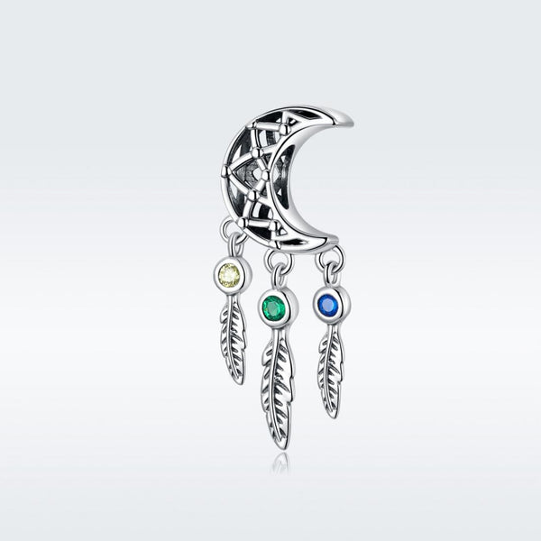 Moon Feather Dreamcatcher Sterling Silver Bead Charm Bracelet Necklace Pendant