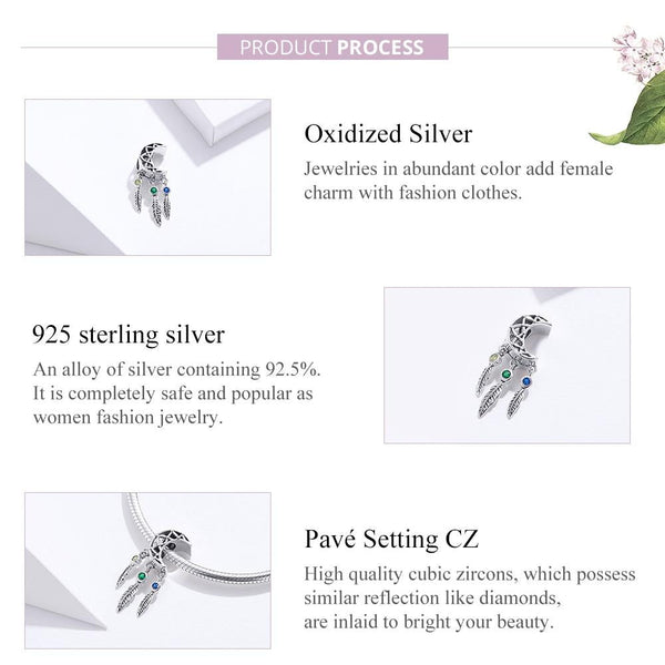 Moon Feather Dreamcatcher Sterling Silver Bead Charm Bracelet Necklace Pendant