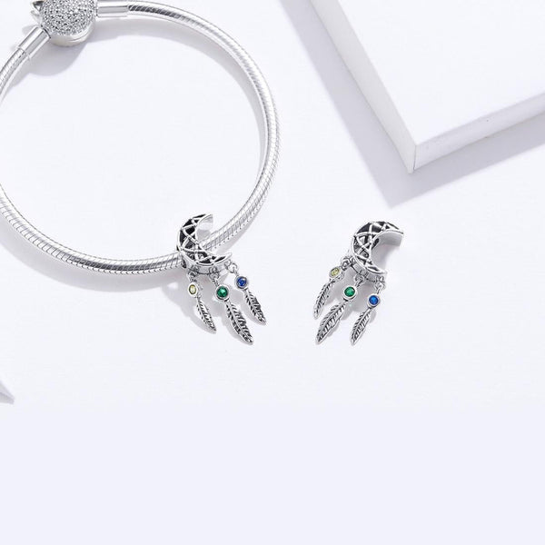 Moon Feather Dreamcatcher Sterling Silver Bead Charm Bracelet Necklace Pendant