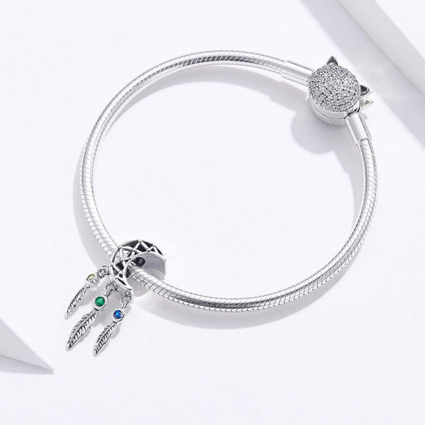 Moon Feather Dreamcatcher Sterling Silver Bead Charm Bracelet Necklace Pendant