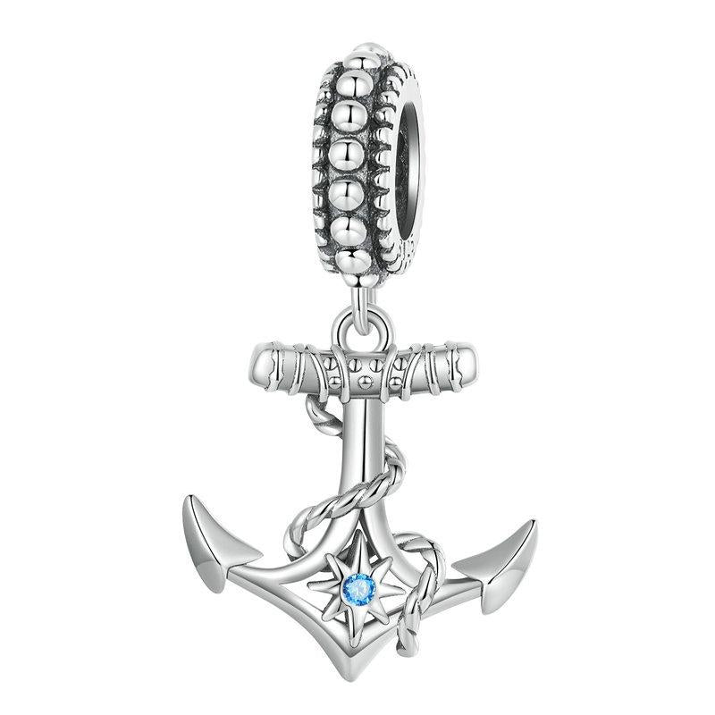 Anchor Sterling Silver Zircon CZ Bead Charm Bracelet Necklace Pendant