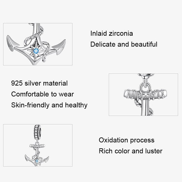 Anchor Sterling Silver Zircon CZ Bead Charm Bracelet Necklace Pendant