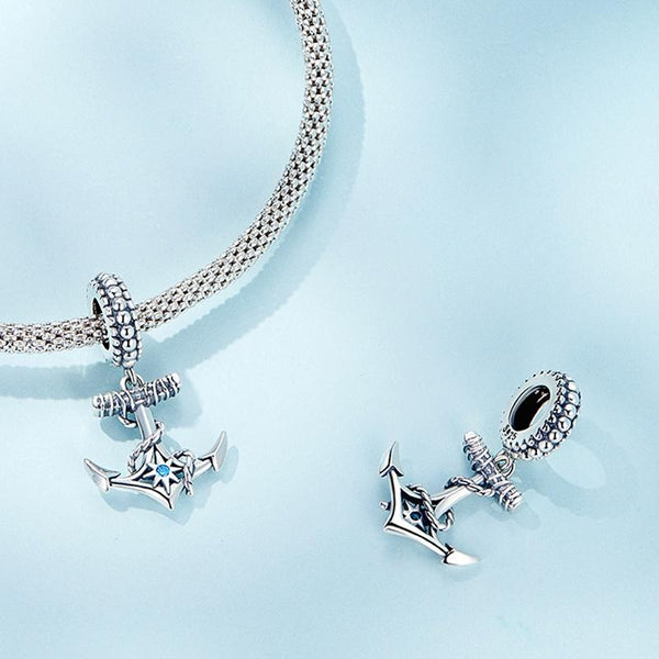 Anchor Sterling Silver Zircon CZ Bead Charm Bracelet Necklace Pendant