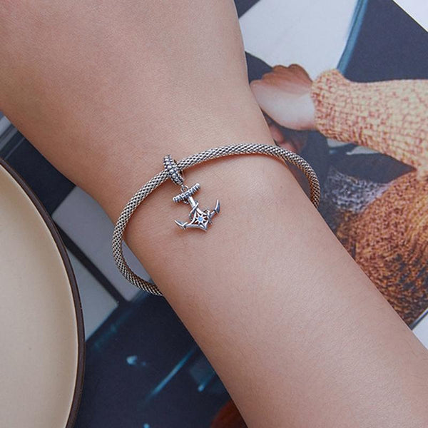 Anchor Sterling Silver Zircon CZ Bead Charm Bracelet Necklace Pendant